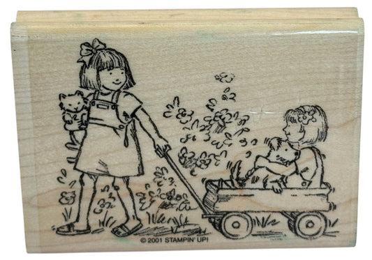 Stampin Up Rubber Stamp Girls Friends Wagon Dog Cat Friendship Card Making Craft