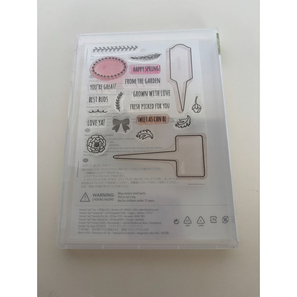 Stampin Up From The Garden Photopolymer Stamps Set Plant Markers Best Buds Pun