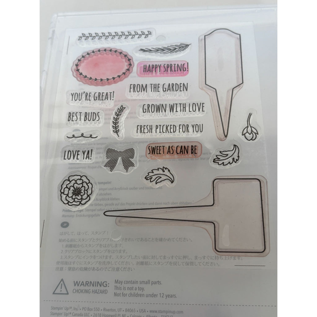Stampin Up From The Garden Photopolymer Stamps Set Plant Markers Best Buds Pun