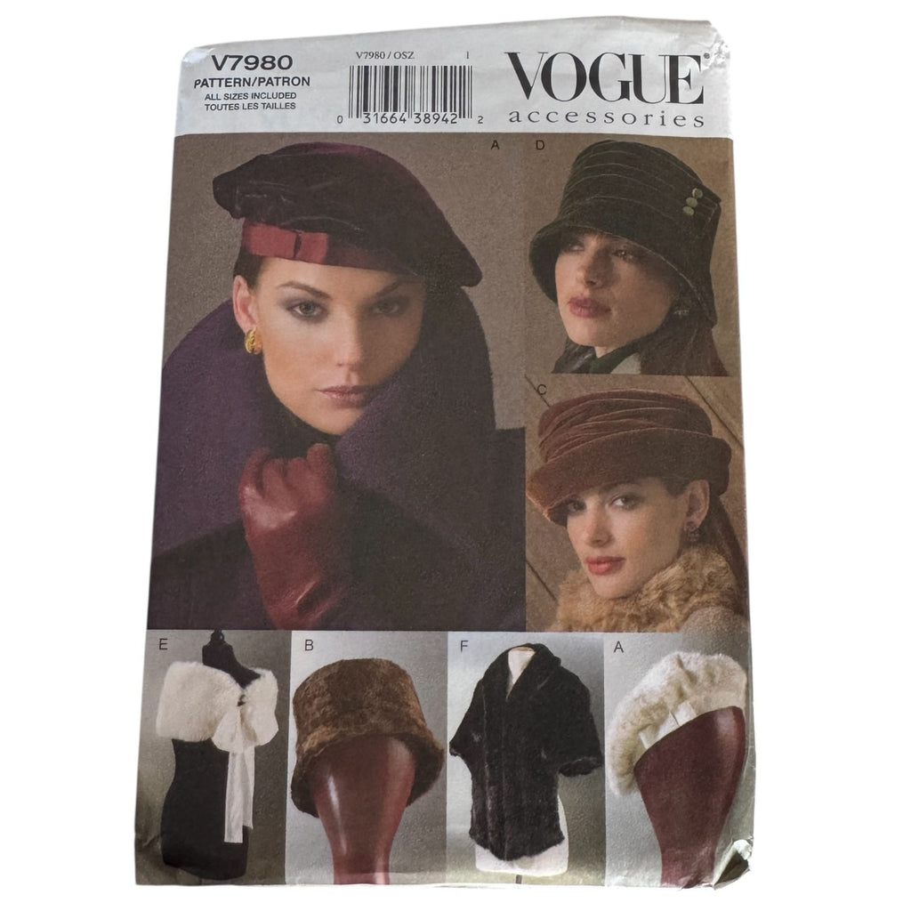 Vogue Sewing Pattern V7980 Hats Wraps Beret Fur Hat Scarf Wrap Accessories Uncut Millinery
