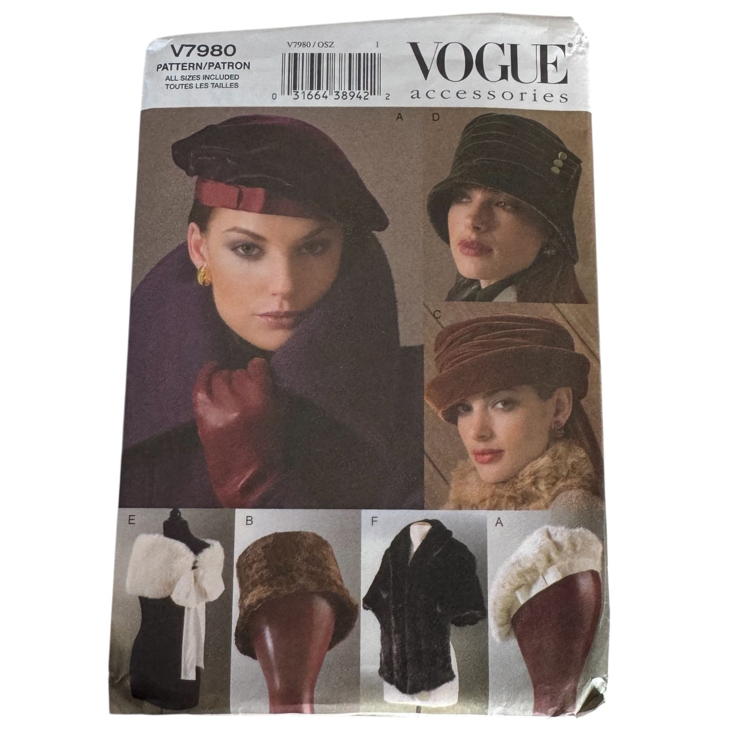 Vogue Sewing Pattern V7980 Hats Wraps Beret Fur Hat Scarf Wrap Accessories Uncut Millinery