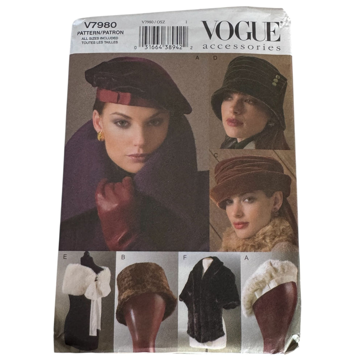 Vogue Sewing Pattern V7980 Hats Wraps Beret Fur Hat Scarf Wrap Accessories Uncut Millinery
