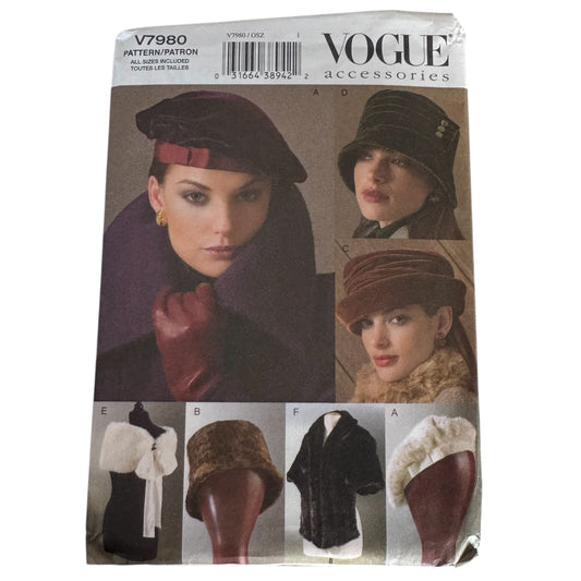 Vogue Sewing Pattern V7980 Hats Wraps Beret Fur Hat Scarf Wrap Accessories Uncut Millinery