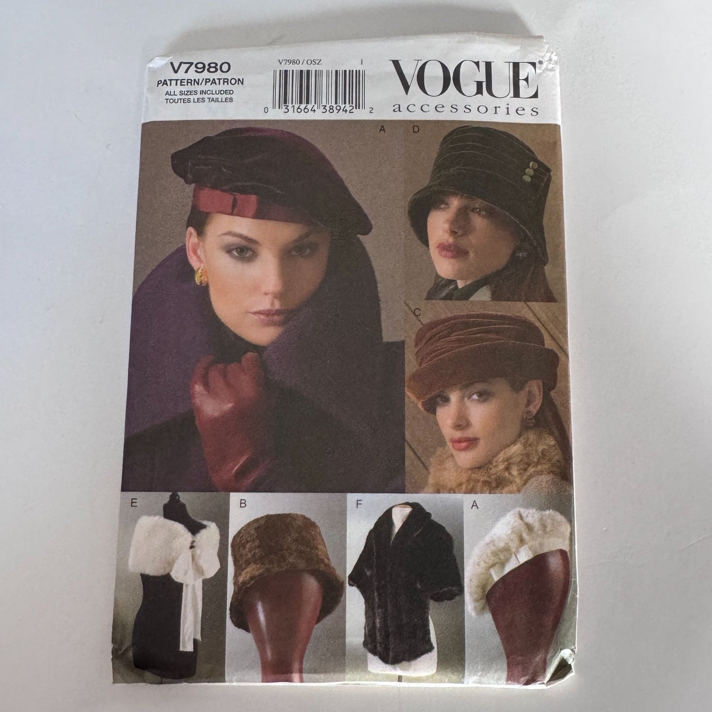 Vogue Sewing Pattern V7980 Hats Wraps Beret Fur Hat Scarf Wrap Accessories Uncut Millinery