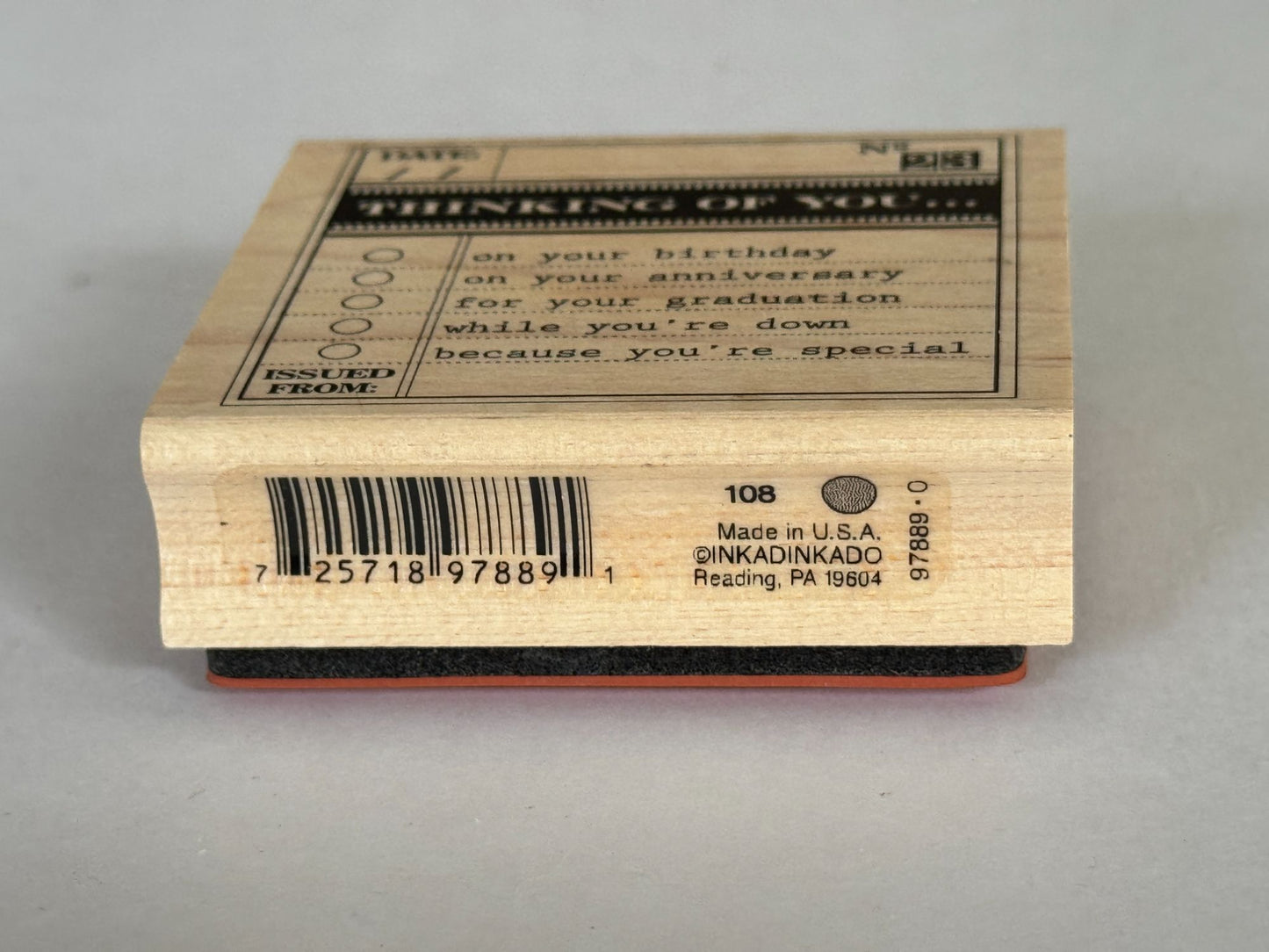 Inkadinkado Rubber Stamp No. 23 Thinking of You Birthday Graduation Anniversary