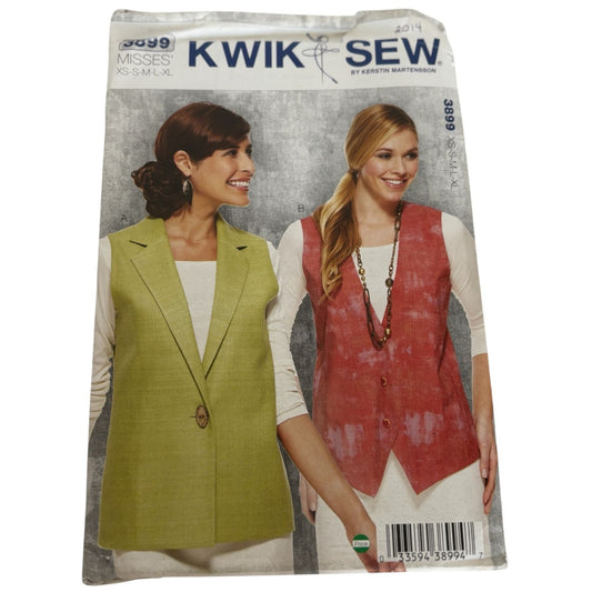 Kwik Sew Sewing Pattern 3899 Misses Vest V-Neck Side Panels Casual XS S M L XL