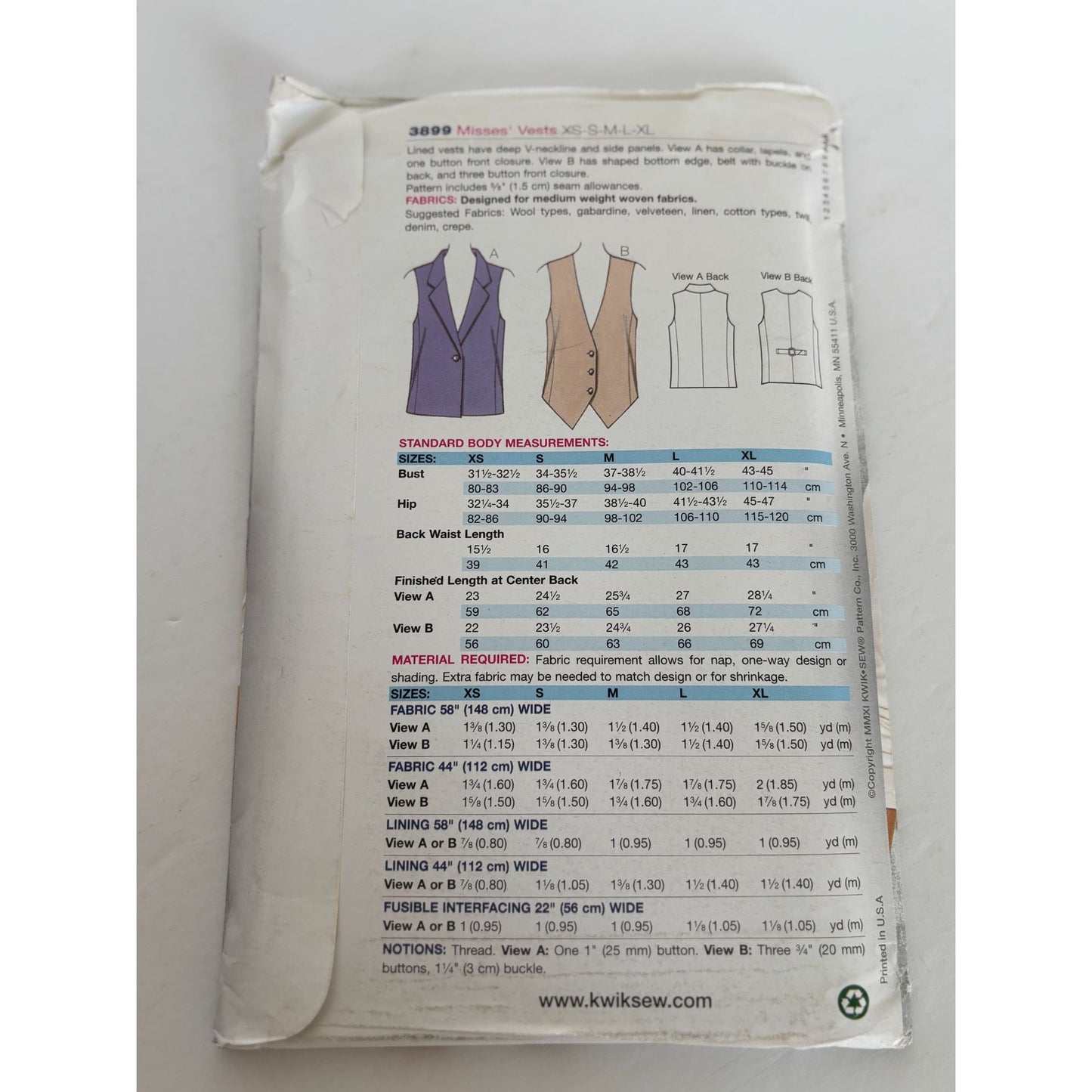 Kwik Sew Sewing Pattern 3899 Misses Vest V-Neck Side Panels Casual XS S M L XL