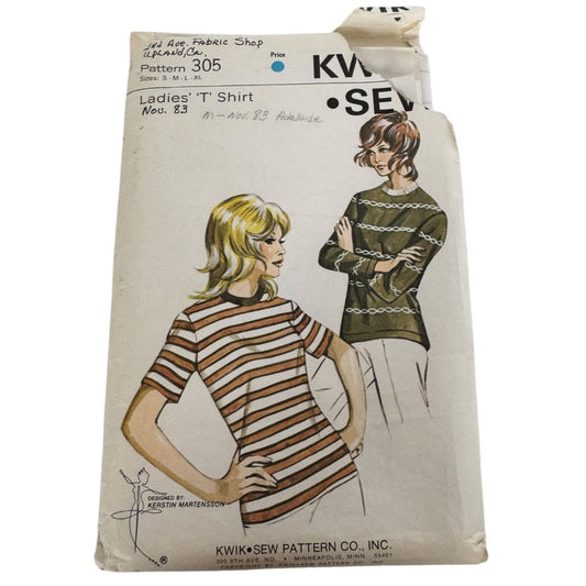 Kwik Sew Sewing Pattern 305 Ladies Crew Neck T-Shirt Top Casual Shirt S-XL Uncut