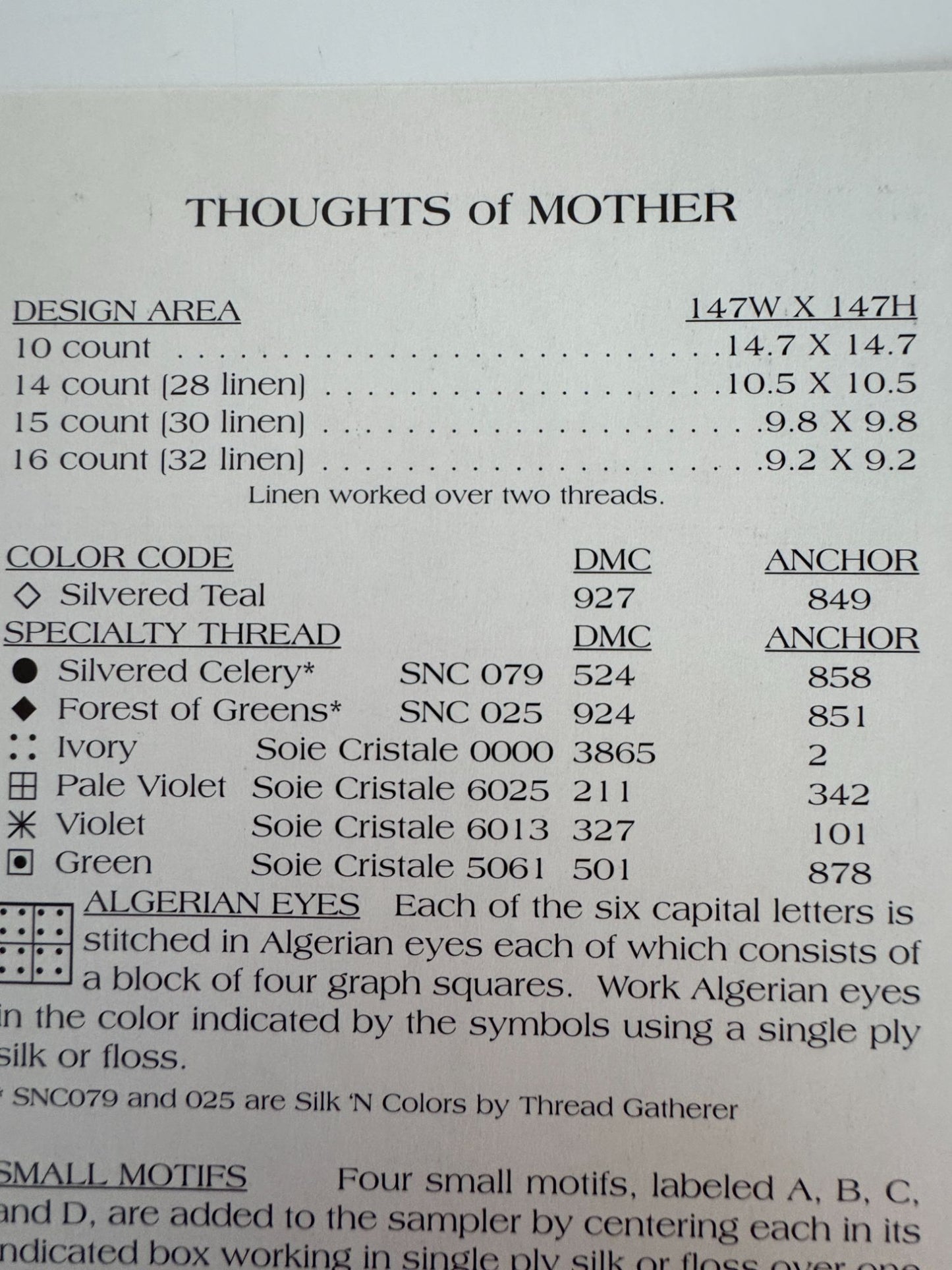 The Cross-Eyed Cricket Collection Cross Stitch Pattern Thoughts of Mother 210