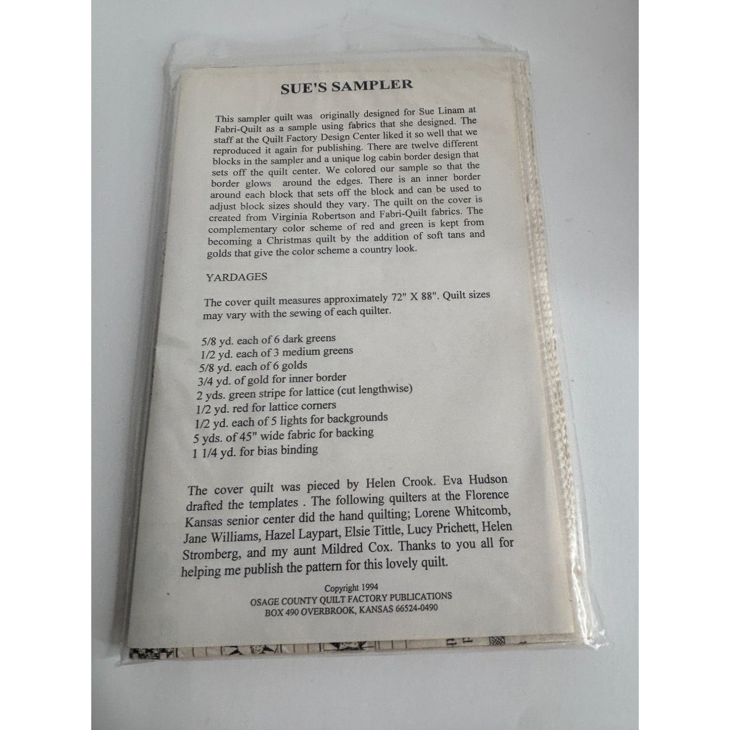 Osage County Quilt Factory Pattern Sues Sampler Country Style Virginia Robertson