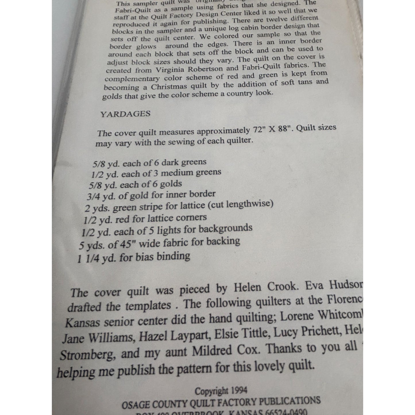 Osage County Quilt Factory Pattern Sues Sampler Country Style Virginia Robertson