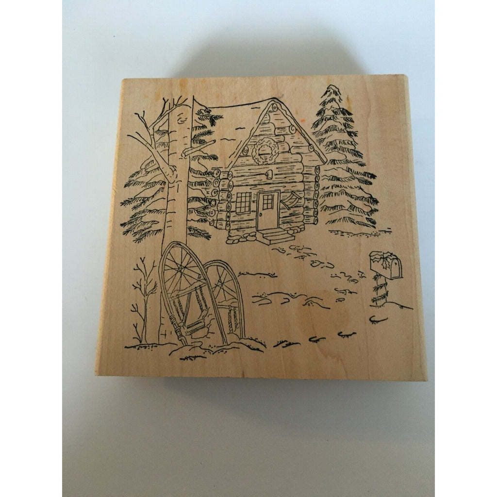 Purple Daisy Designs Rubber Stamp Christmas Tree Cabin in Woods Snowshoes Winter