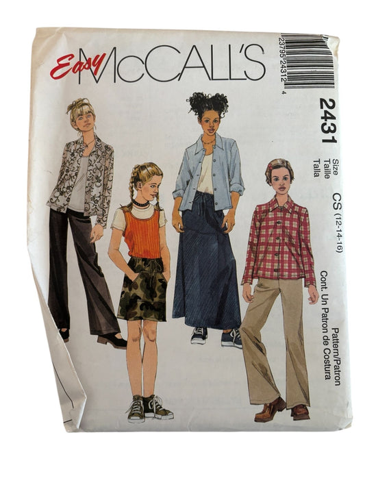 McCalls Sewing Pattern 2431 Girls Shirt Tank Top Pants Drawstring Skirt 12 14 16