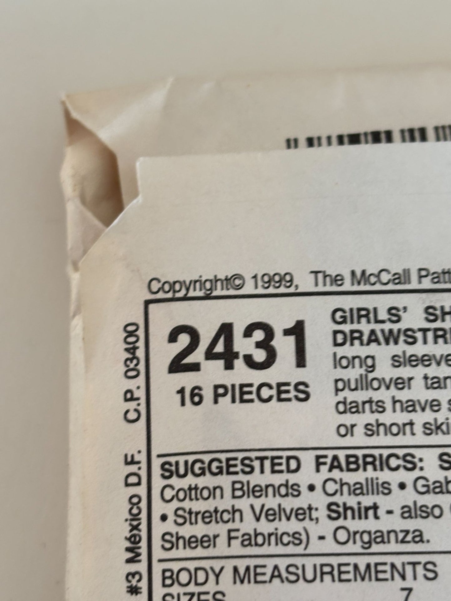 McCalls Sewing Pattern 2431 Girls Shirt Tank Top Pants Drawstring Skirt 12 14 16