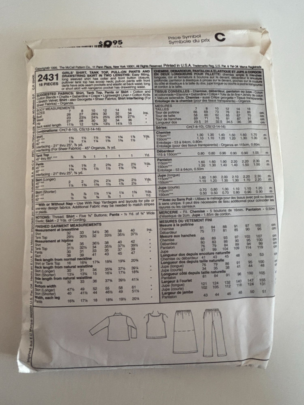 McCalls Sewing Pattern 2431 Girls Shirt Tank Top Pants Drawstring Skirt 12 14 16