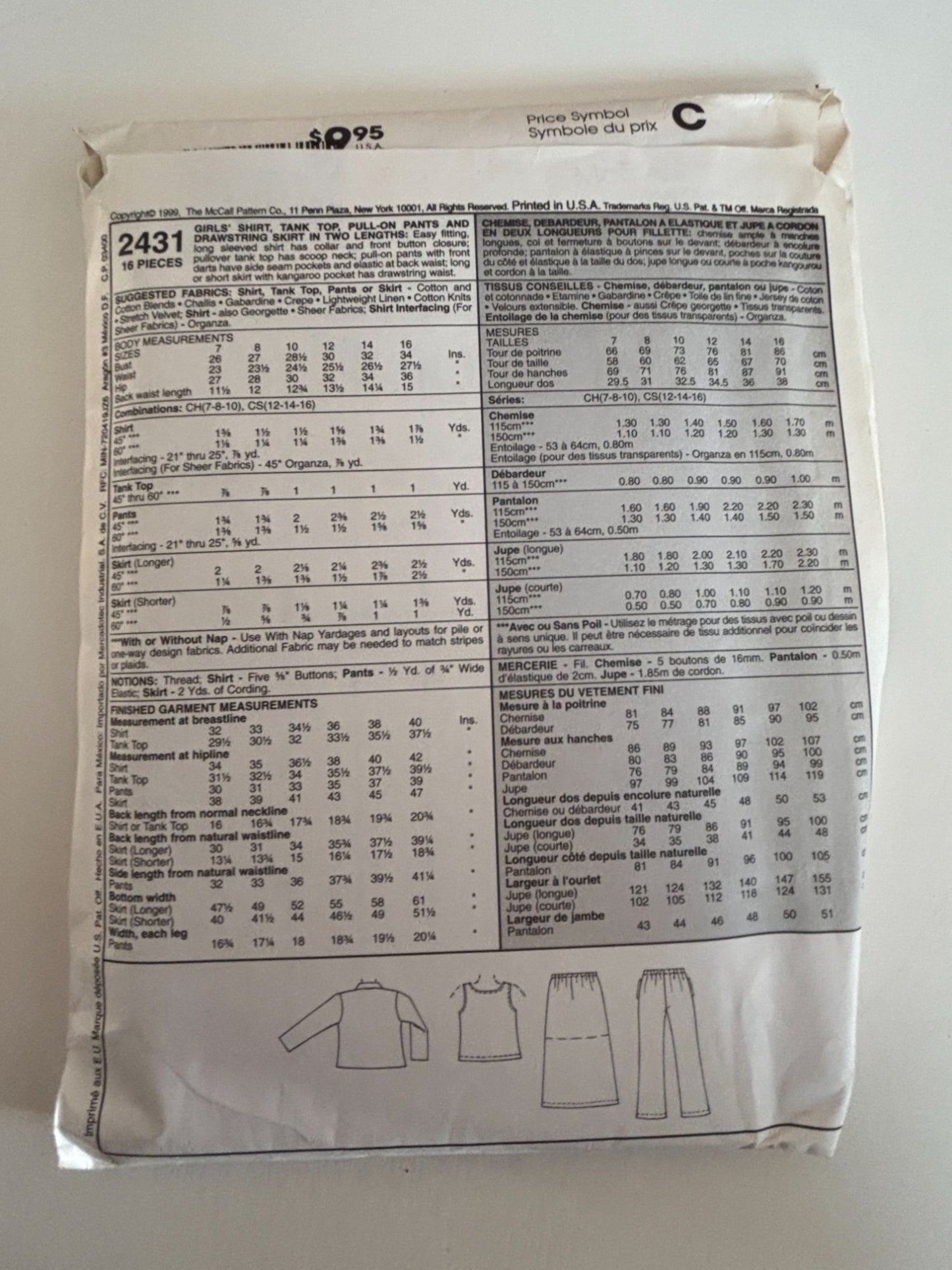 McCalls Sewing Pattern 2431 Girls Shirt Tank Top Pants Drawstring Skirt 12 14 16
