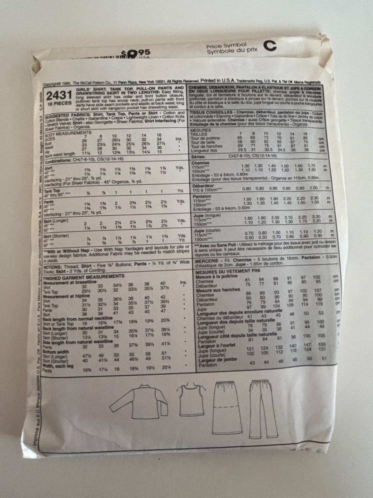McCalls Sewing Pattern 2431 Girls Shirt Tank Top Pants Drawstring Skirt 12 14 16