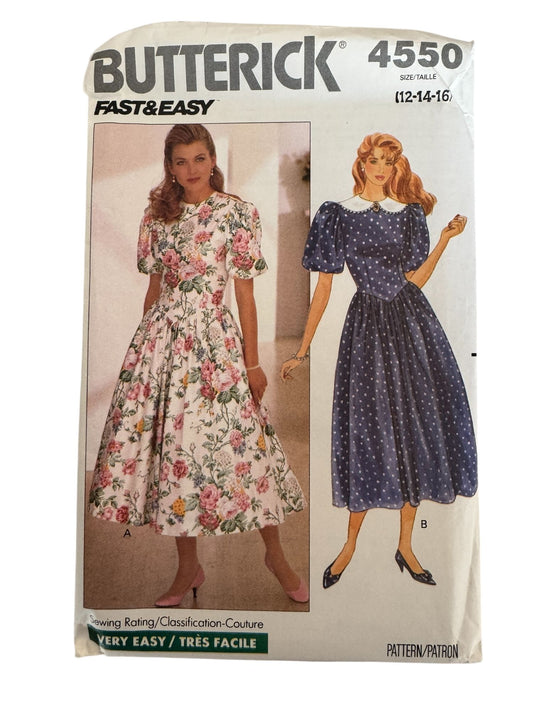 Butterick Sewing Pattern 4550 Romantic Dress Easy Dropped Waist Bodice 12 14 16