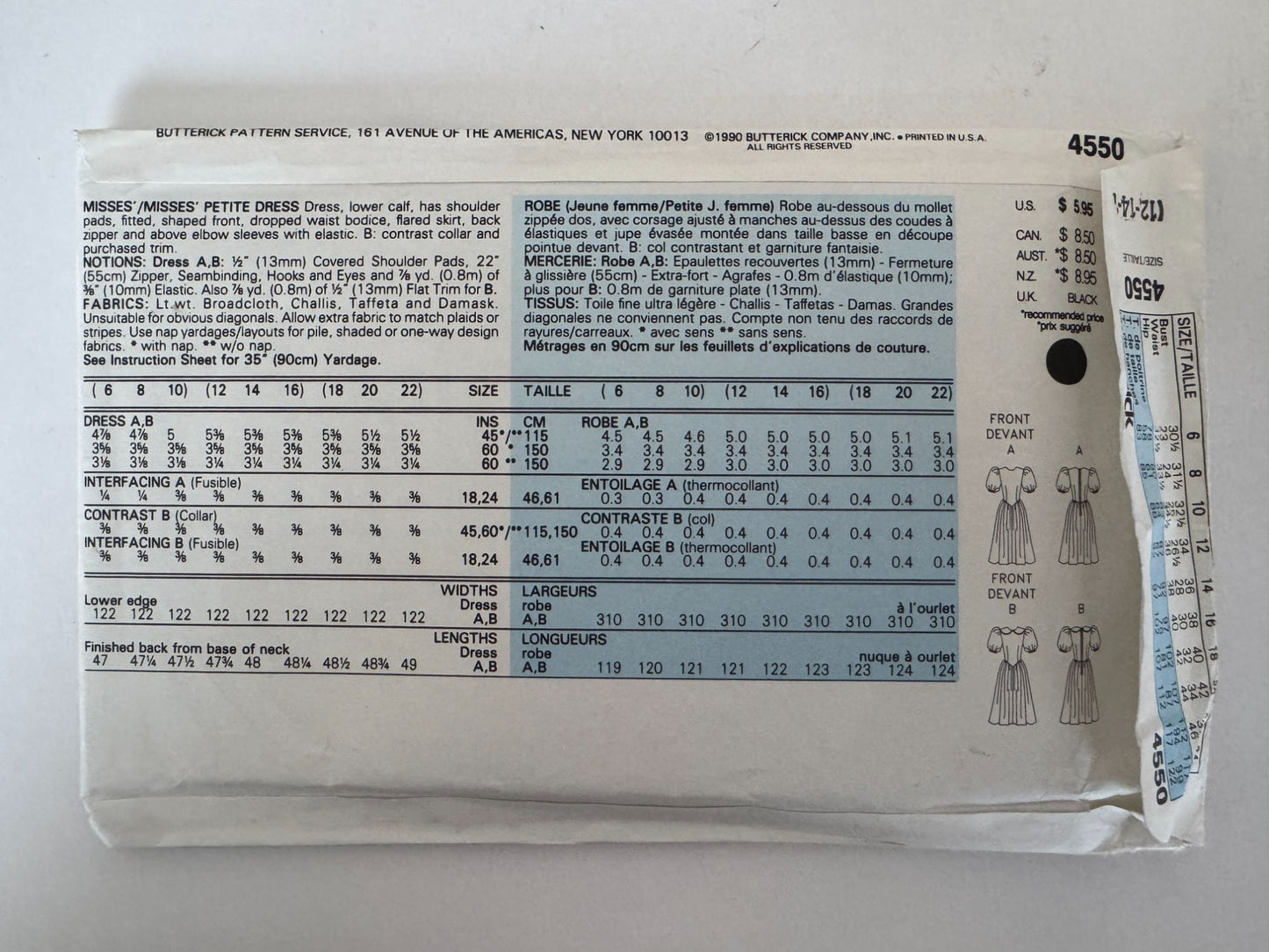 Butterick Sewing Pattern 4550 Romantic Dress Easy Dropped Waist Bodice 12 14 16