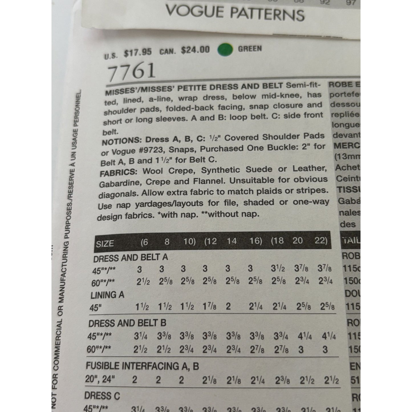 Vogue Sewing Pattern 7761 Semi-Fitted Wrap A-Line Dress Sizes 12 14 16 Easy UC