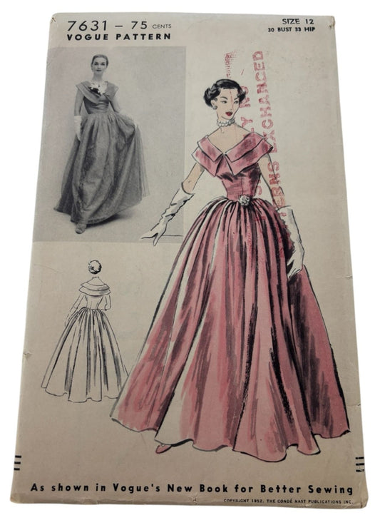 Vogue Sewing Pattern 7631 Evening Gown Dress Formal Size 12 Vintage 1952 1950s