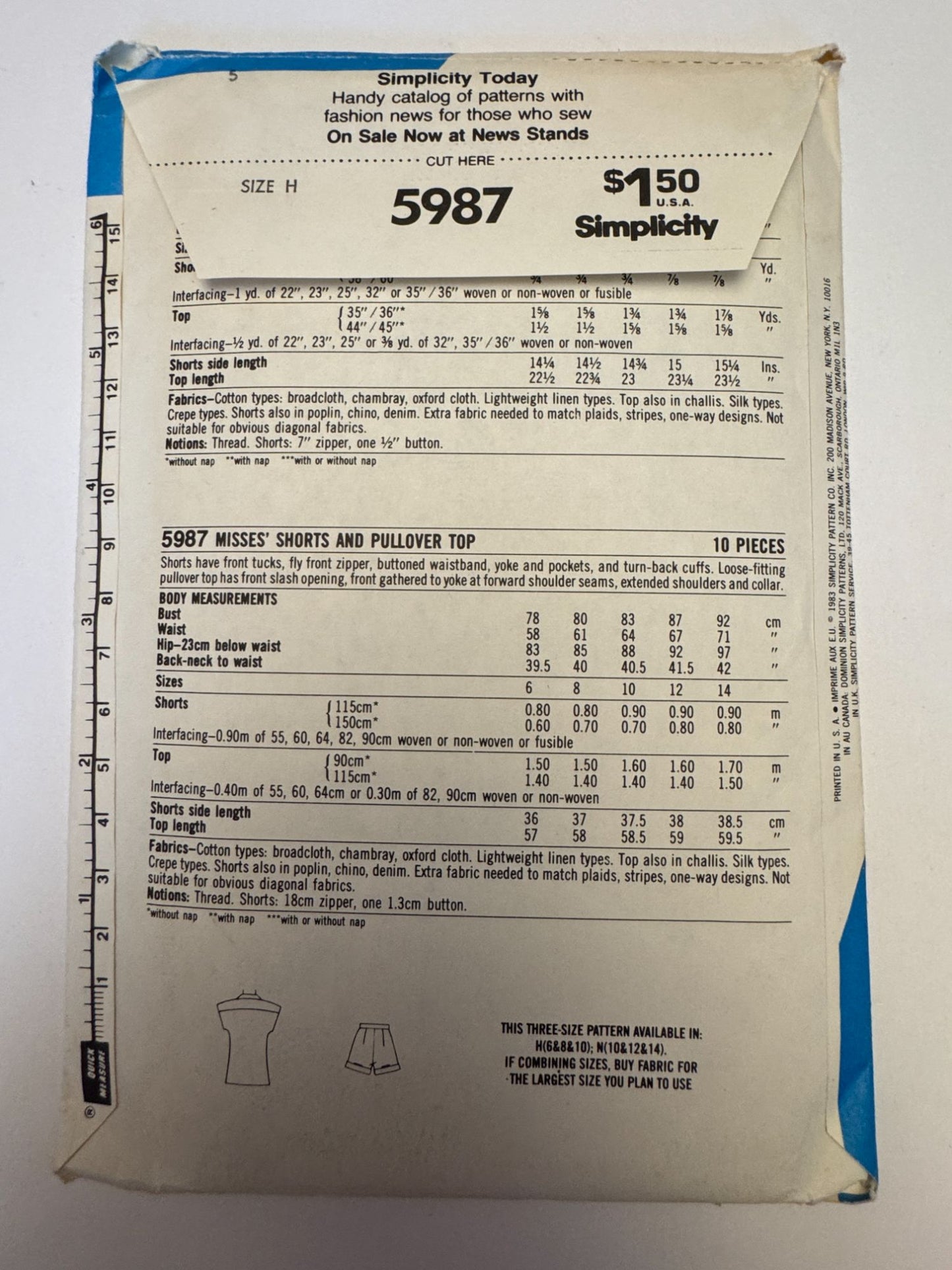 Simplicity Sewing Pattern 5987 Shorts Shirt 1980s Summer Outfit ESP 6 8 10 Uncut