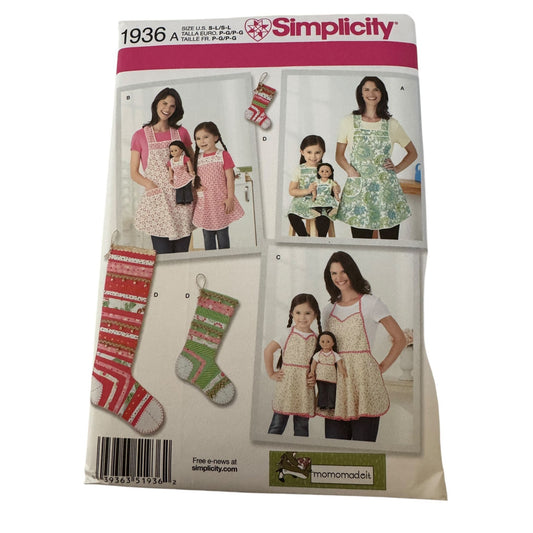 Simplicity Sewing Pattern 1936 Matching Aprons Christmas Stockings Mom Girl Doll