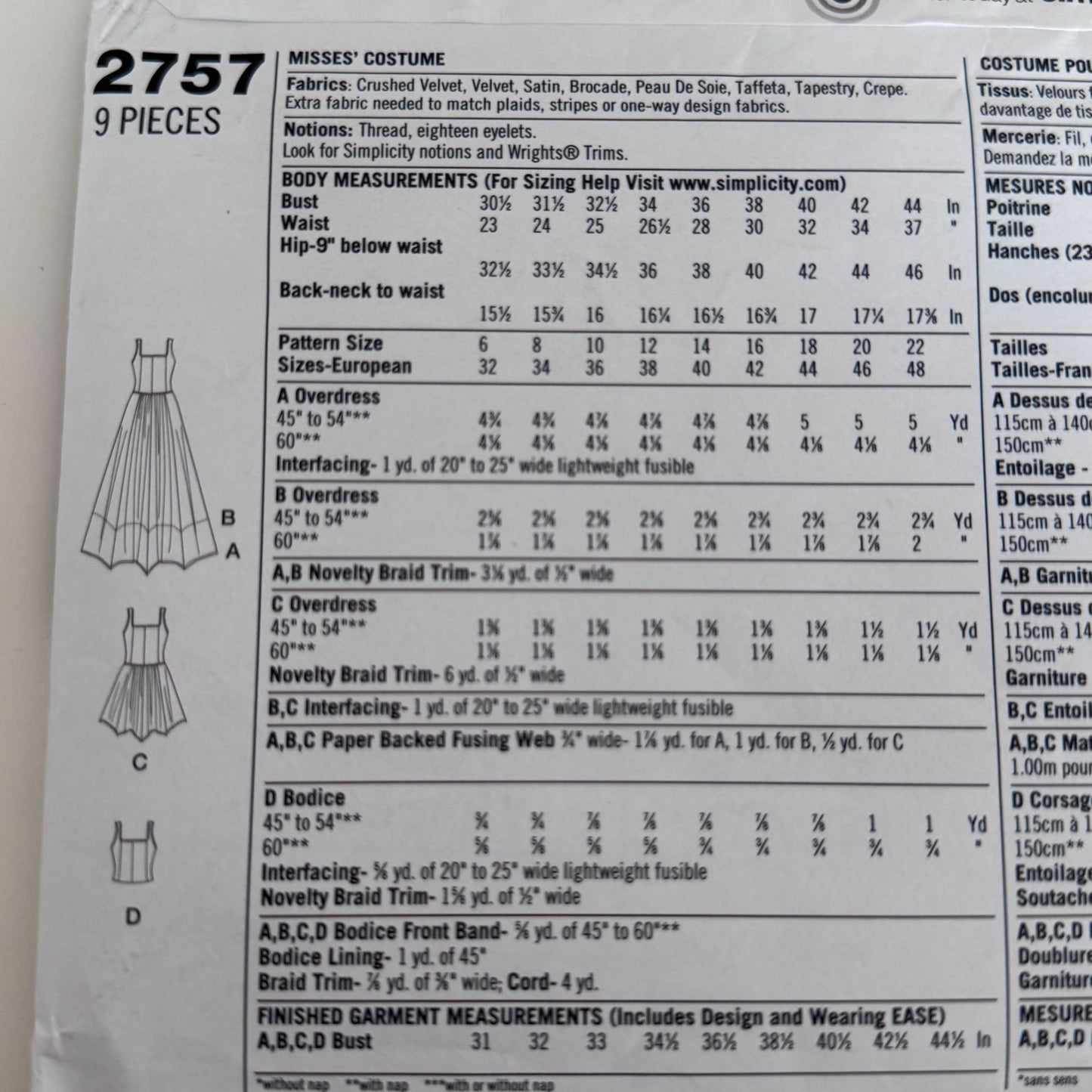 Simplicity Sewing Pattern 2757 Arkivestry Costume Gothic Steampunk Vest Skirt UC 6-12