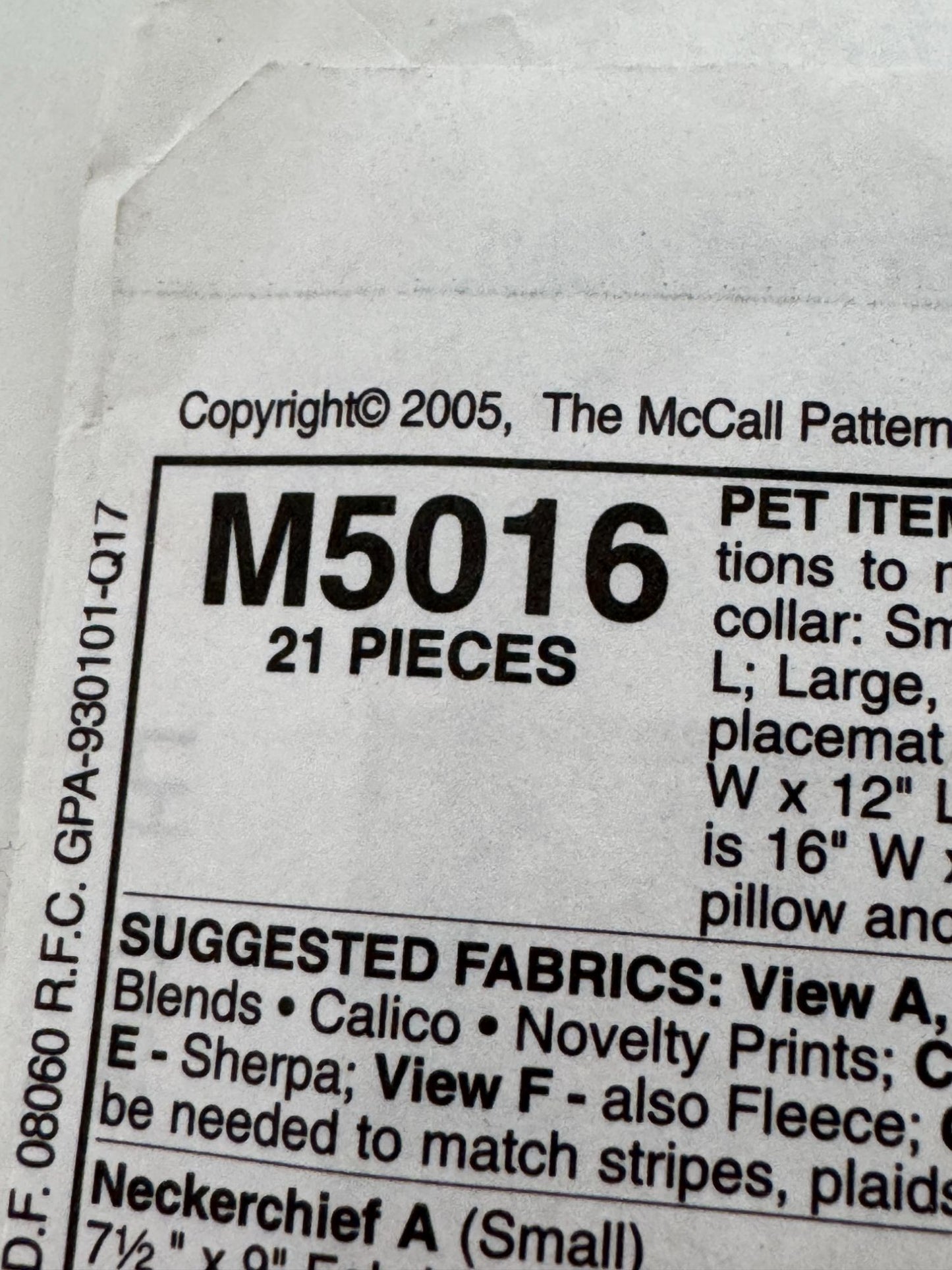 McCalls Sewing Pattern M5016 Crafts Pet Bed Neckerchief Placemat Bone Pillow UC