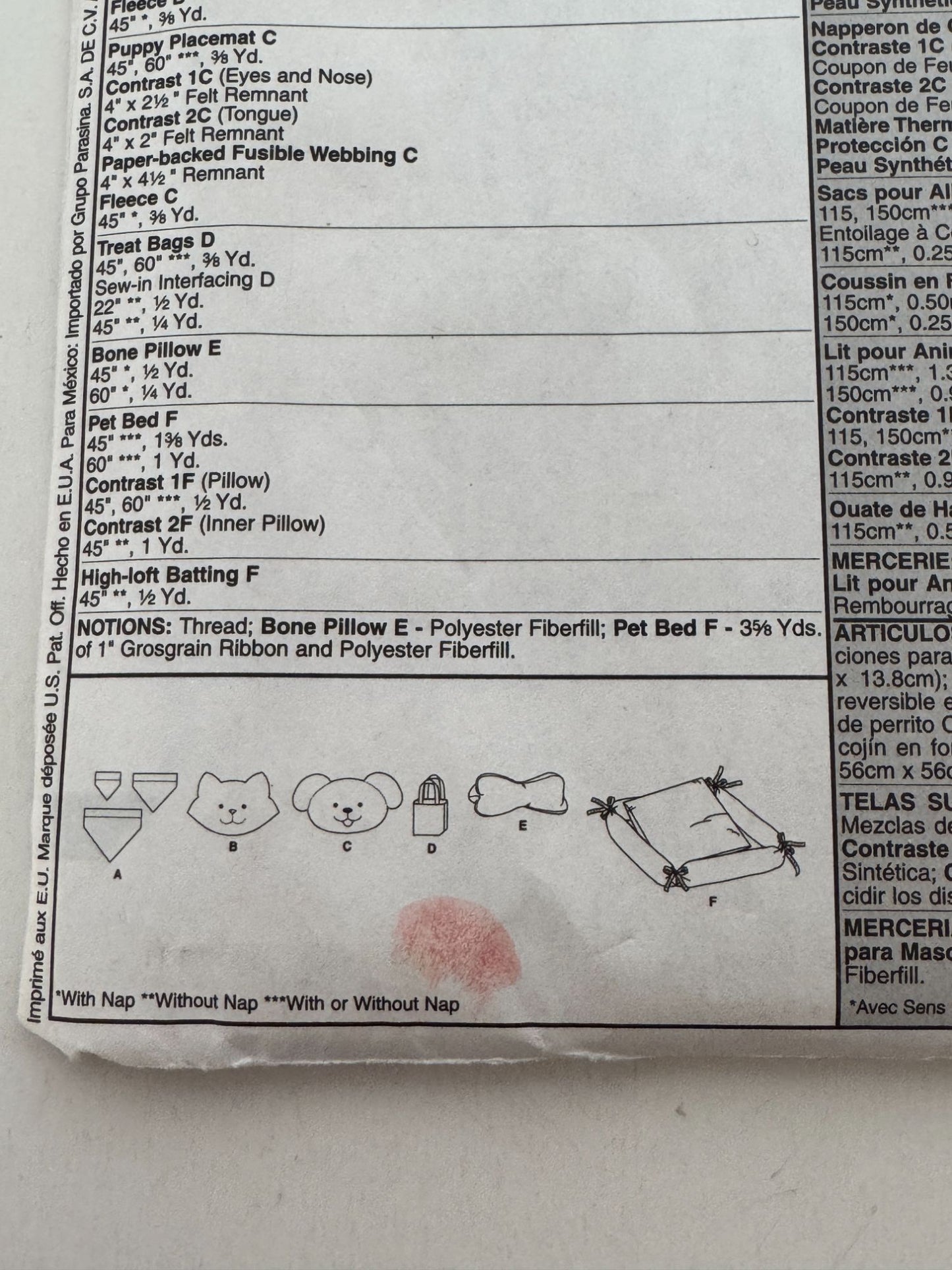 McCalls Sewing Pattern M5016 Crafts Pet Bed Neckerchief Placemat Bone Pillow UC