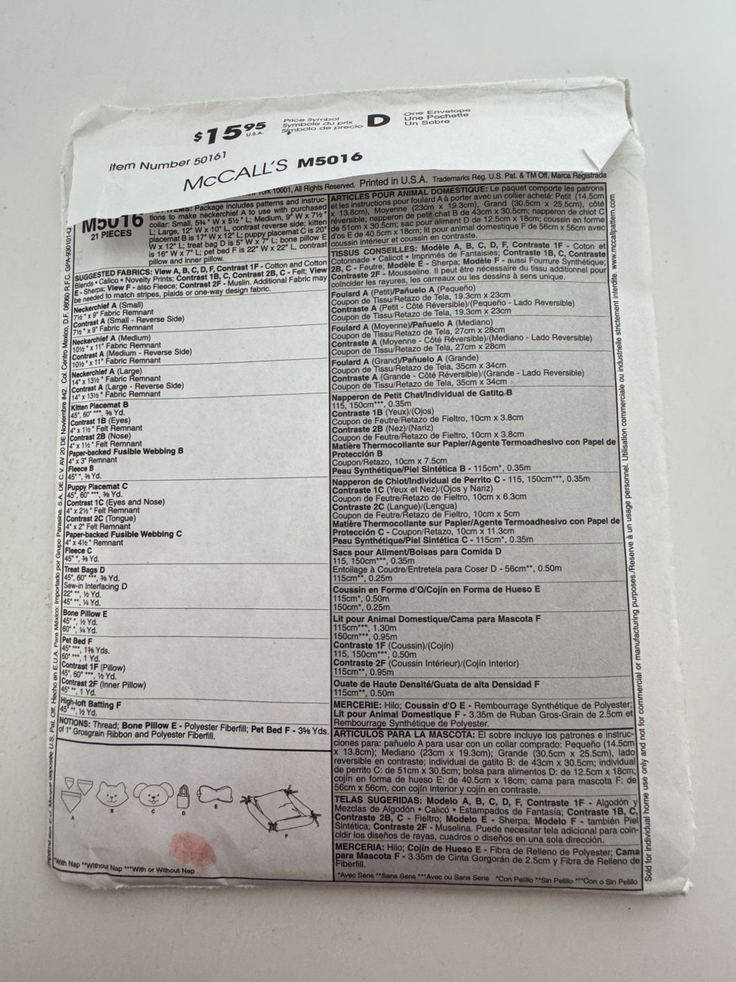 McCalls Sewing Pattern M5016 Crafts Pet Bed Neckerchief Placemat Bone Pillow UC