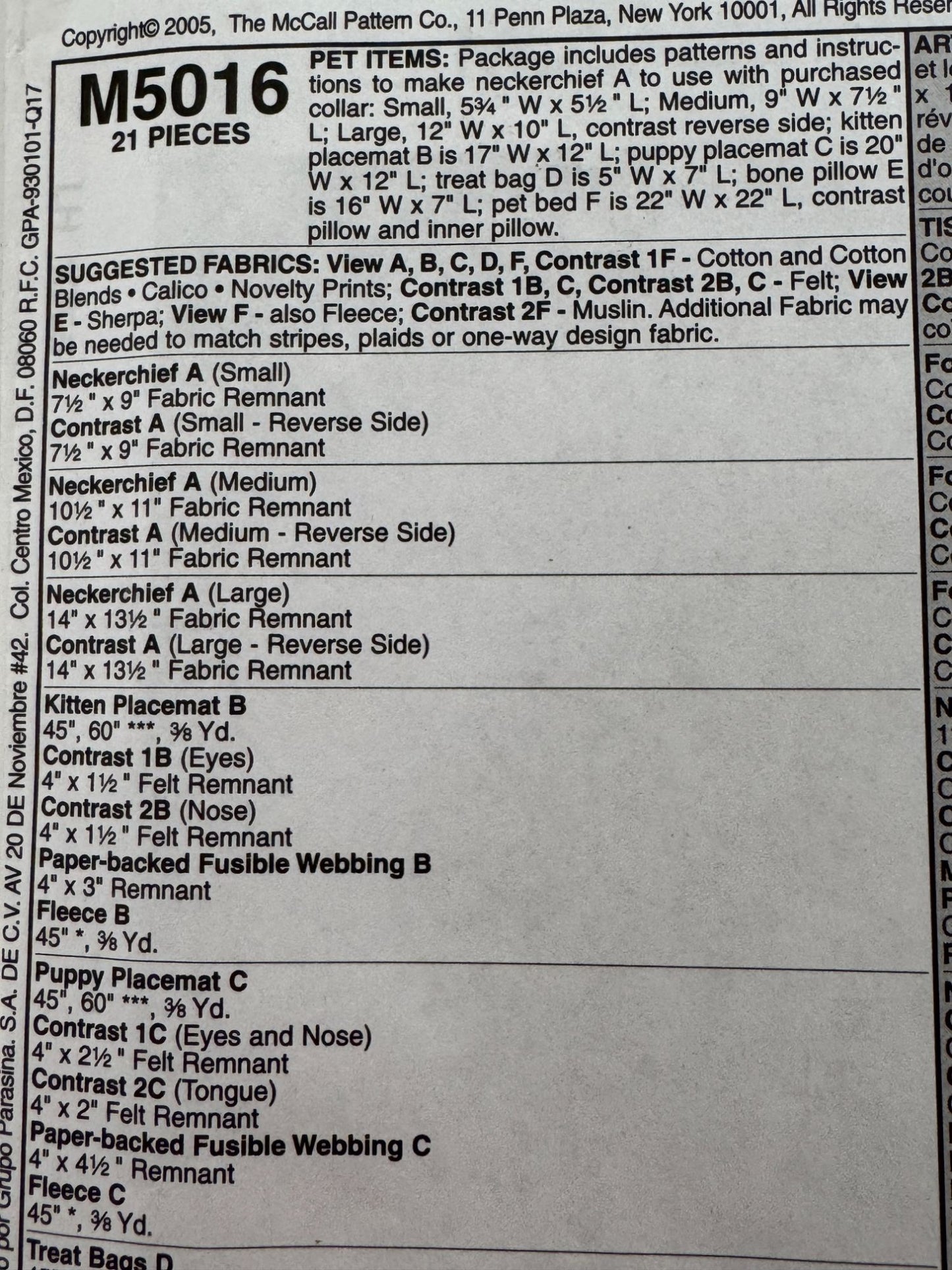 McCalls Sewing Pattern M5016 Crafts Pet Bed Neckerchief Placemat Bone Pillow UC