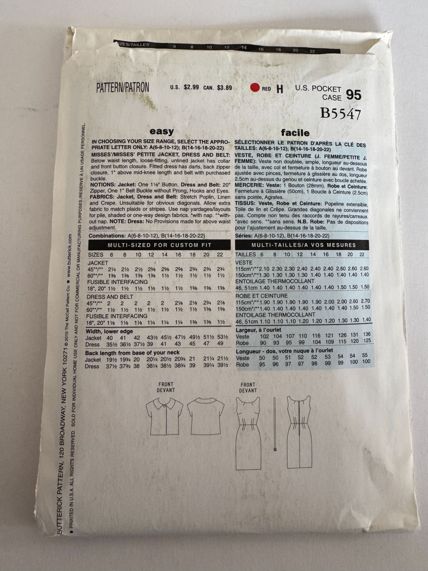 Butterick Sewing Pattern B5547 Sheath Dress Jacket 2010 Modern Classic 6 8 10 12
