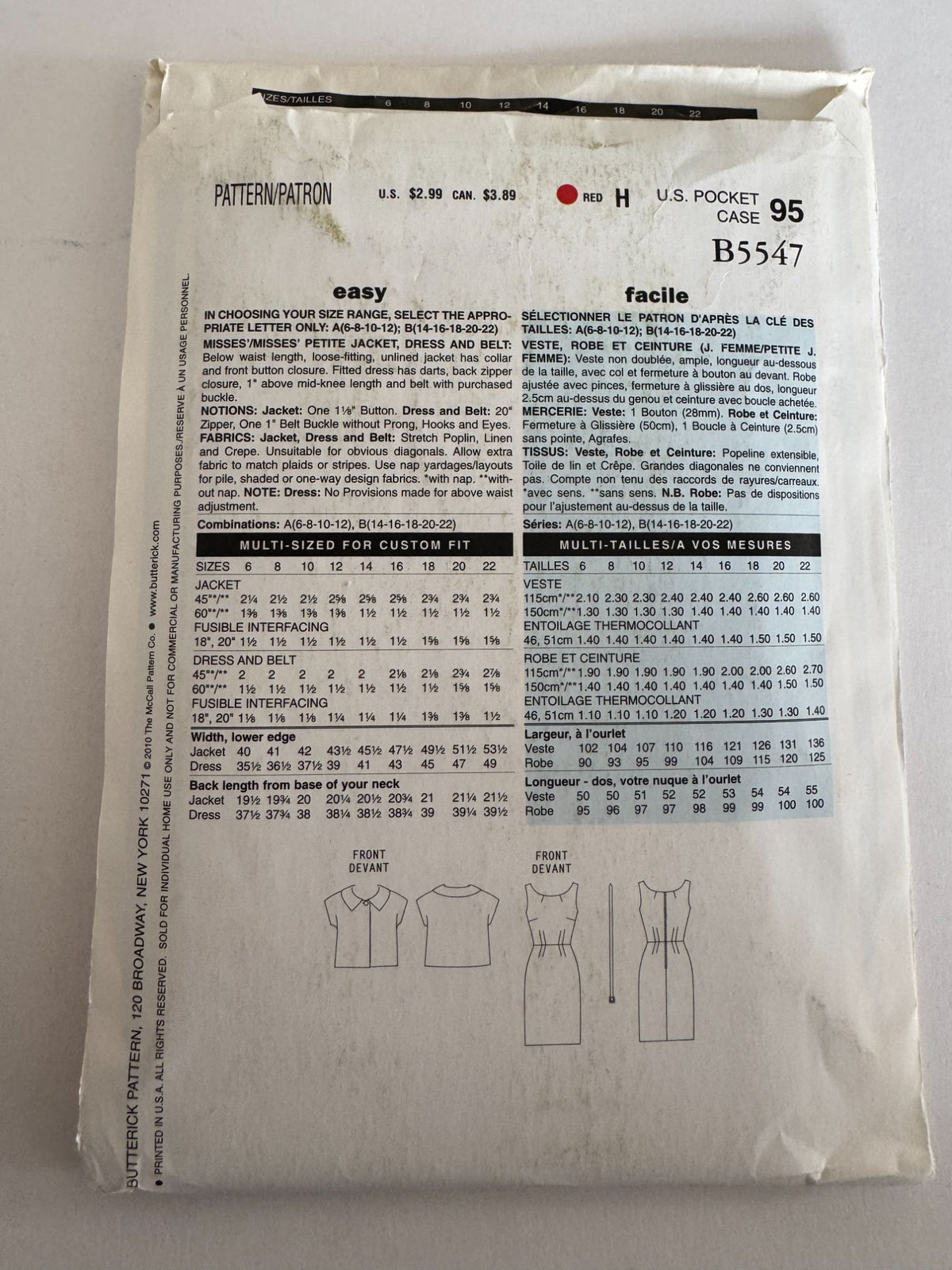 Butterick Sewing Pattern B5547 Sheath Dress Jacket 2010 Modern Classic 6 8 10 12