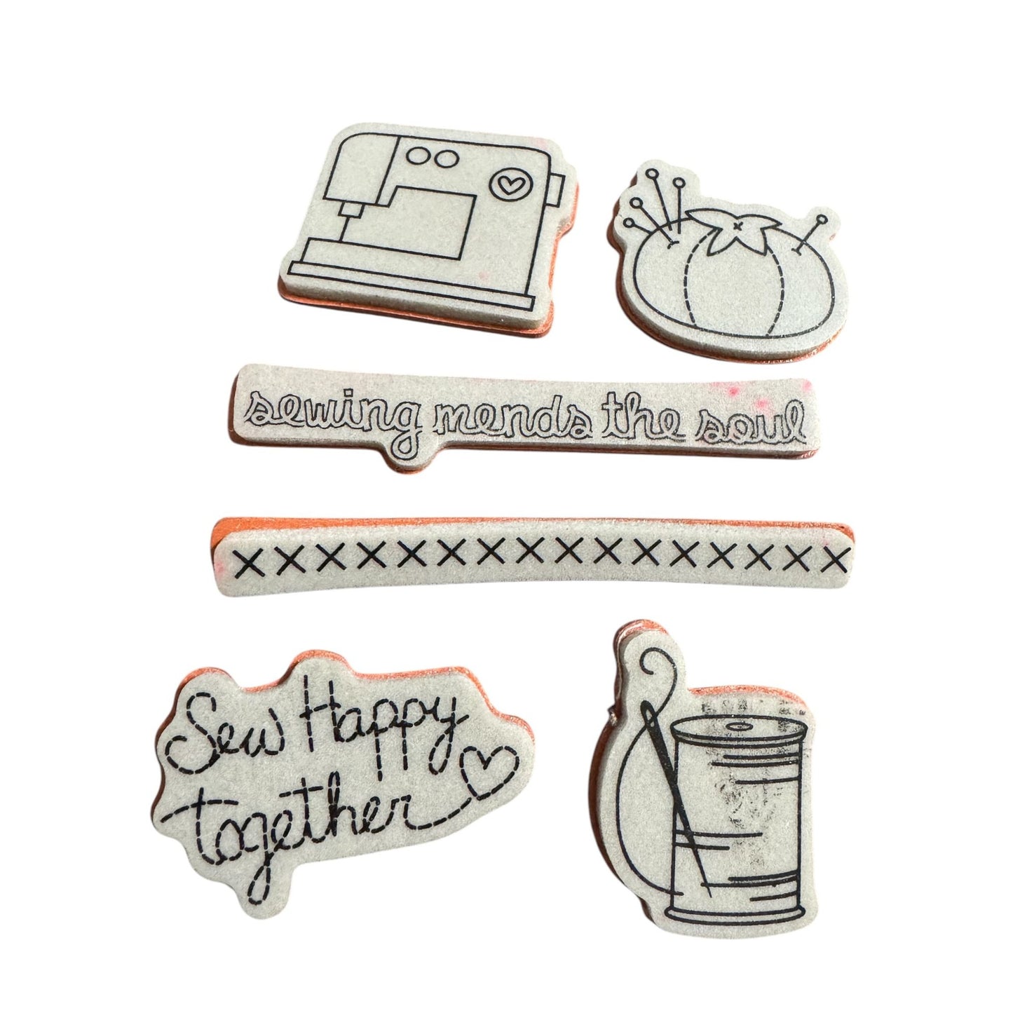 Sew Happy Together Rubber Stamps Set Thread Sewing Machine Mend the Soul Pun