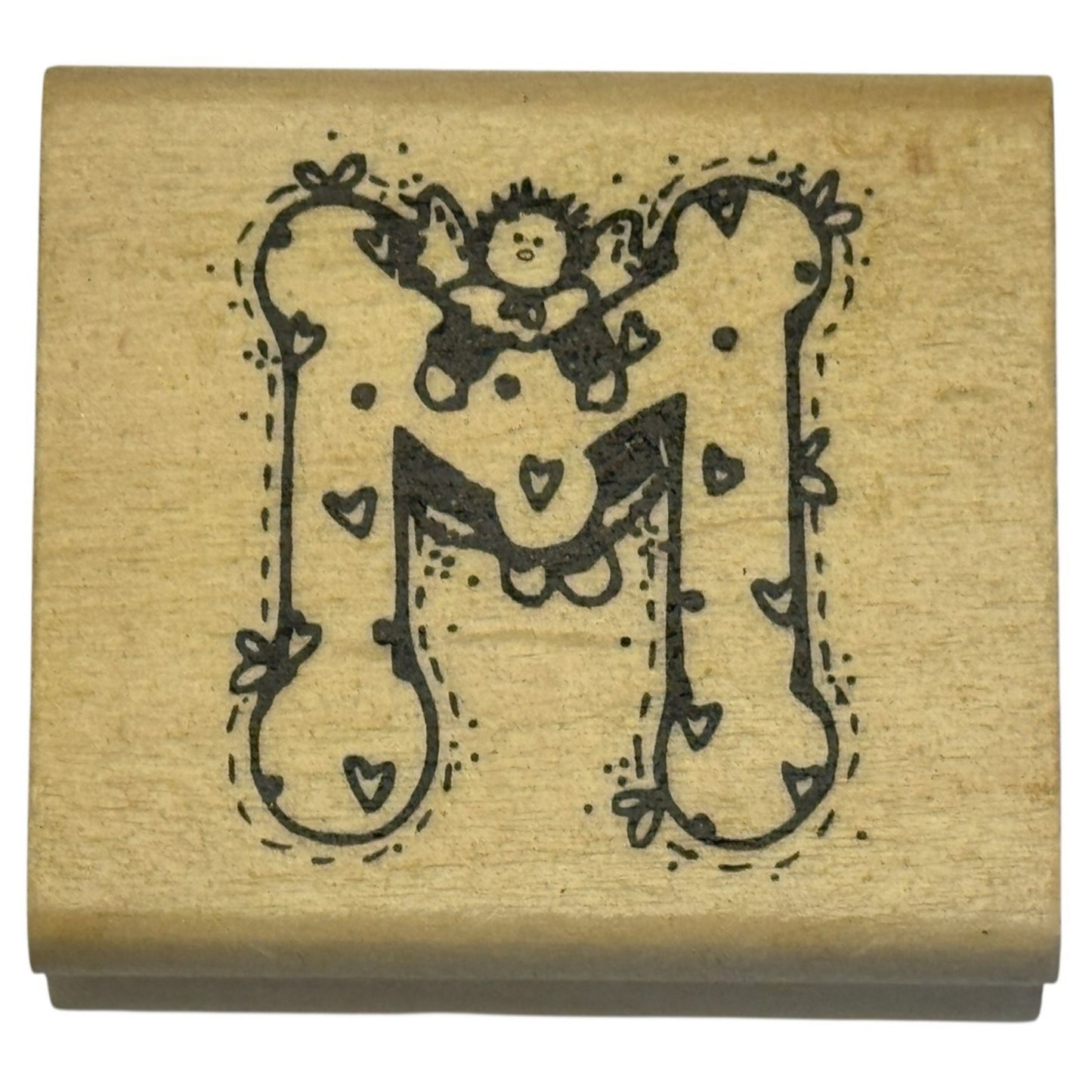 Hooks Lines and Inkers Rubber Stamp Alphabet Letter M Angel Initial Hearts Love