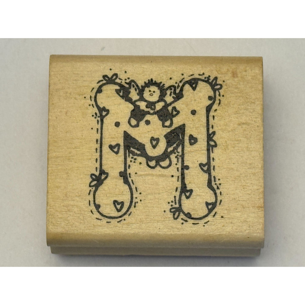 Hooks Lines and Inkers Rubber Stamp Alphabet Letter M Angel Initial Hearts Love
