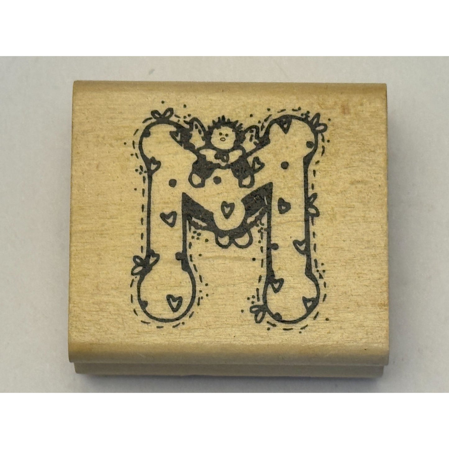 Hooks Lines and Inkers Rubber Stamp Alphabet Letter M Angel Initial Hearts Love