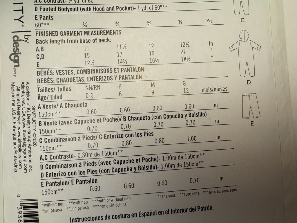 Simplicity Sewing Pattern R10895 Easy Baby Jacket Bodysuit Pants Winter NB 12M