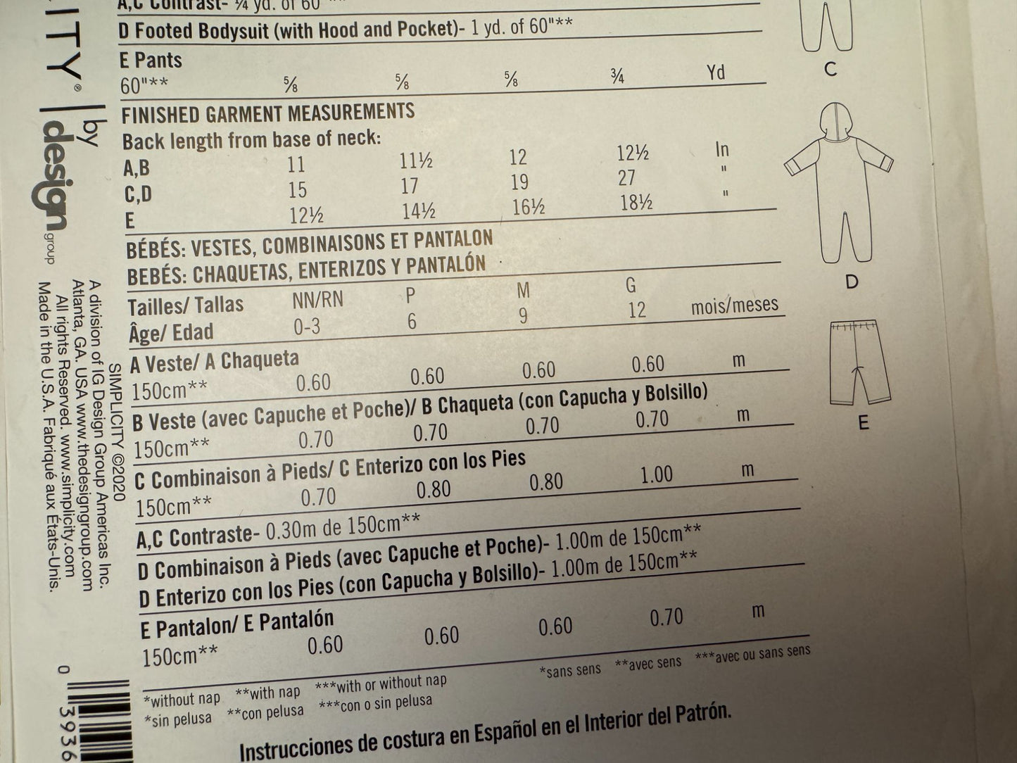 Simplicity Sewing Pattern R10895 Easy Baby Jacket Bodysuit Pants Winter NB 12M
