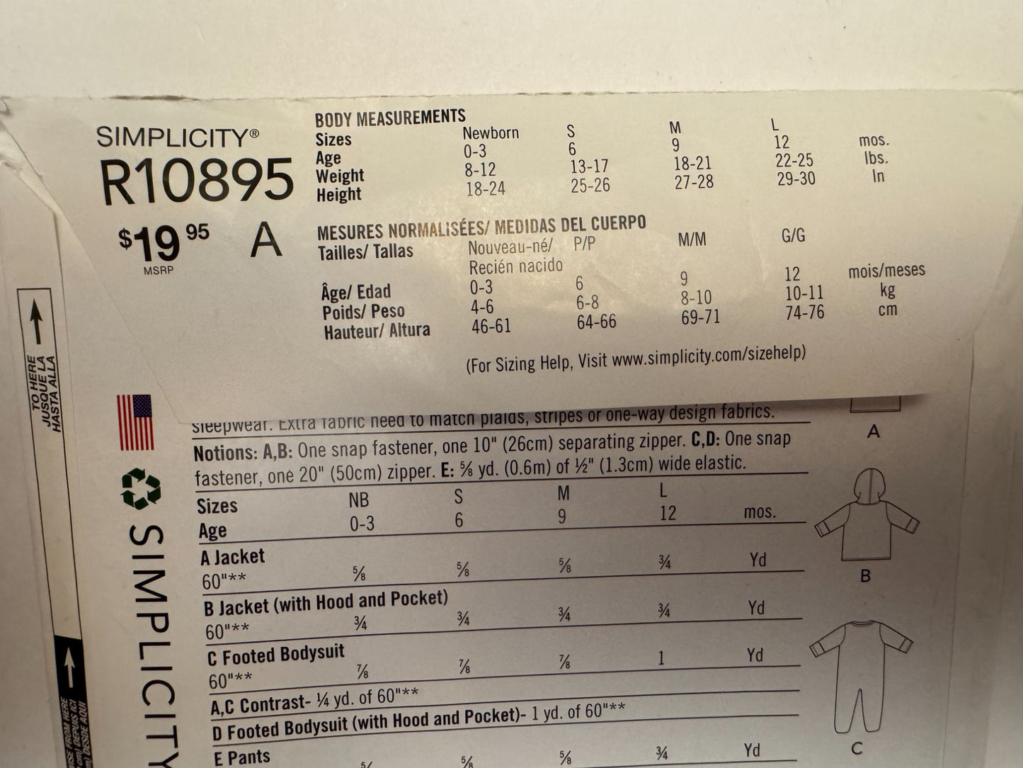 Simplicity Sewing Pattern R10895 Easy Baby Jacket Bodysuit Pants Winter NB 12M