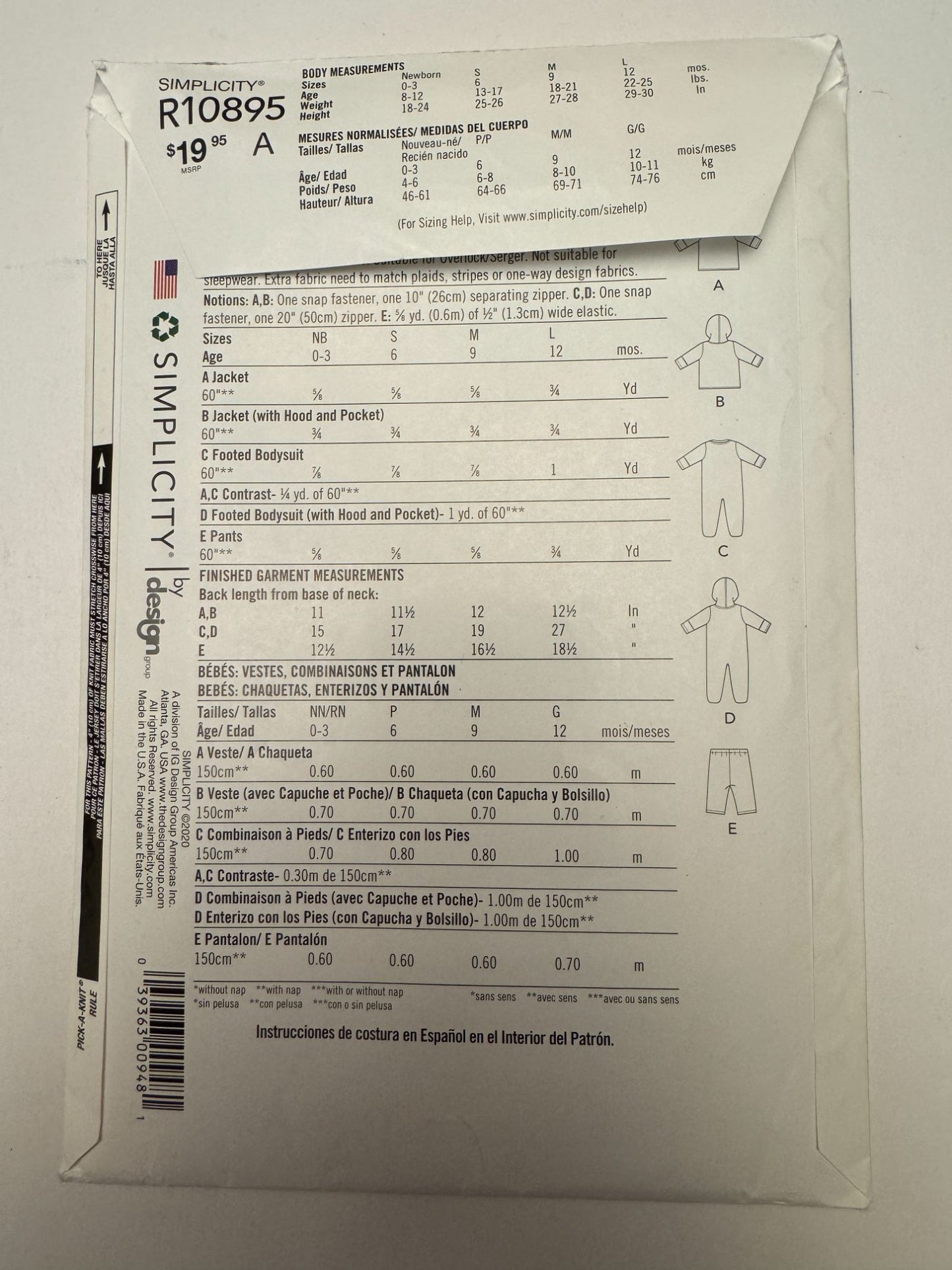 Simplicity Sewing Pattern R10895 Easy Baby Jacket Bodysuit Pants Winter NB 12M