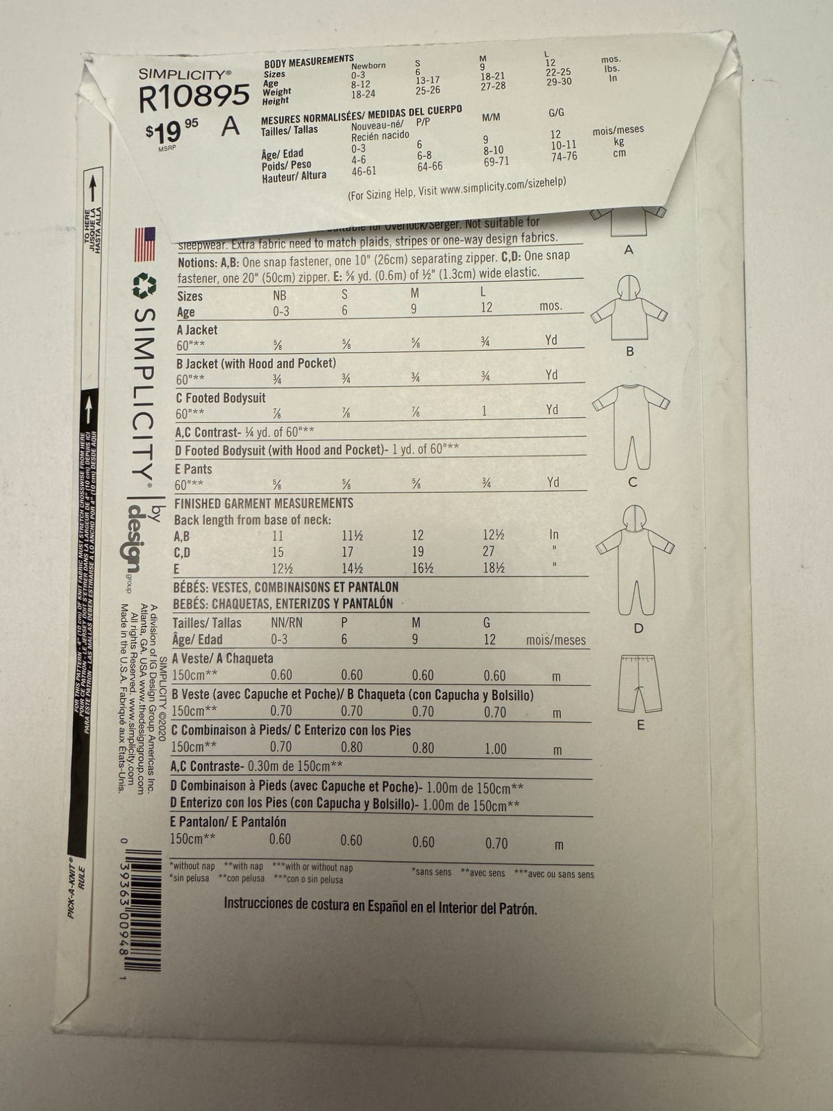 Simplicity Sewing Pattern R10895 Easy Baby Jacket Bodysuit Pants Winter NB 12M