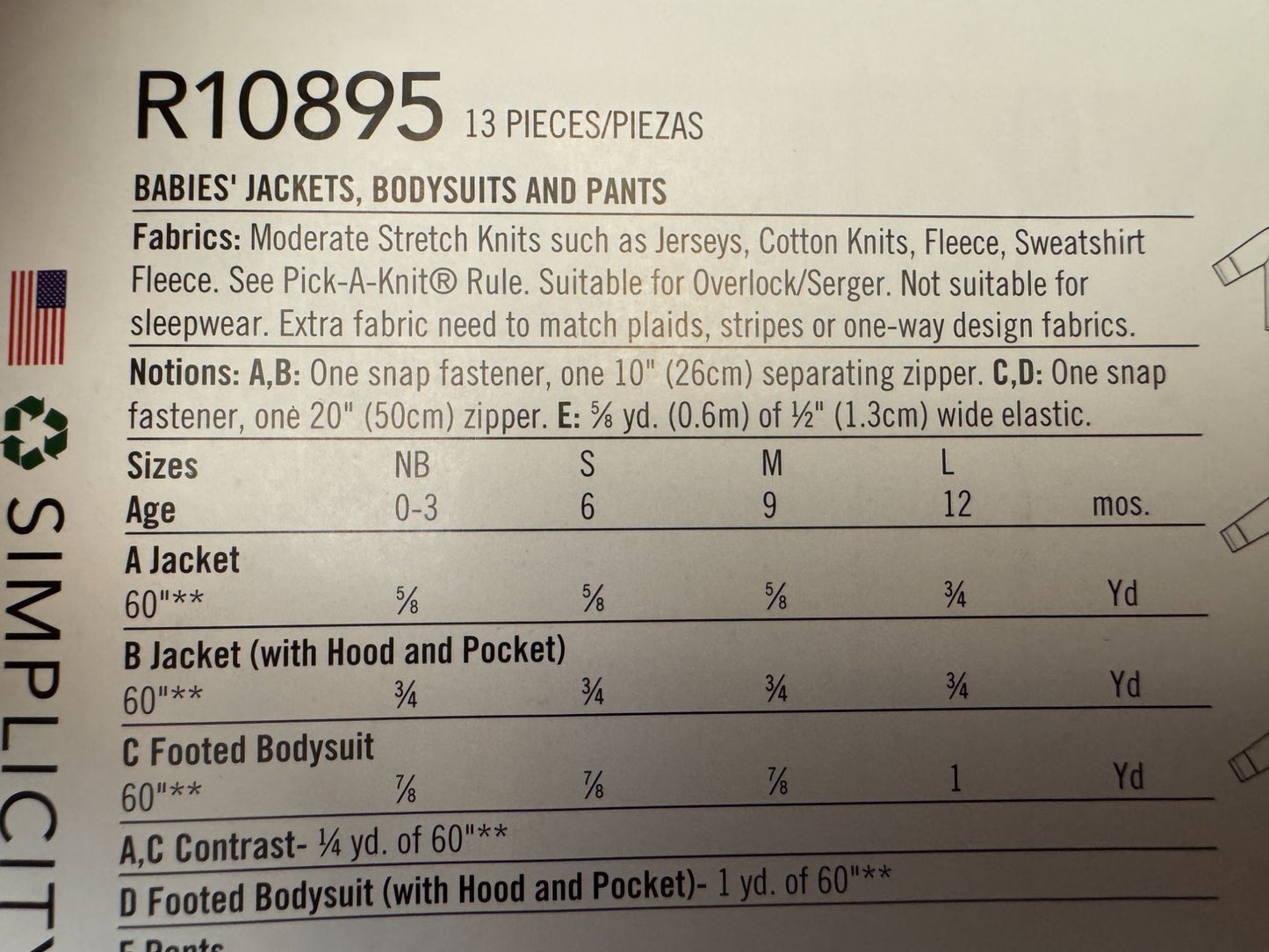 Simplicity Sewing Pattern R10895 Easy Baby Jacket Bodysuit Pants Winter NB 12M