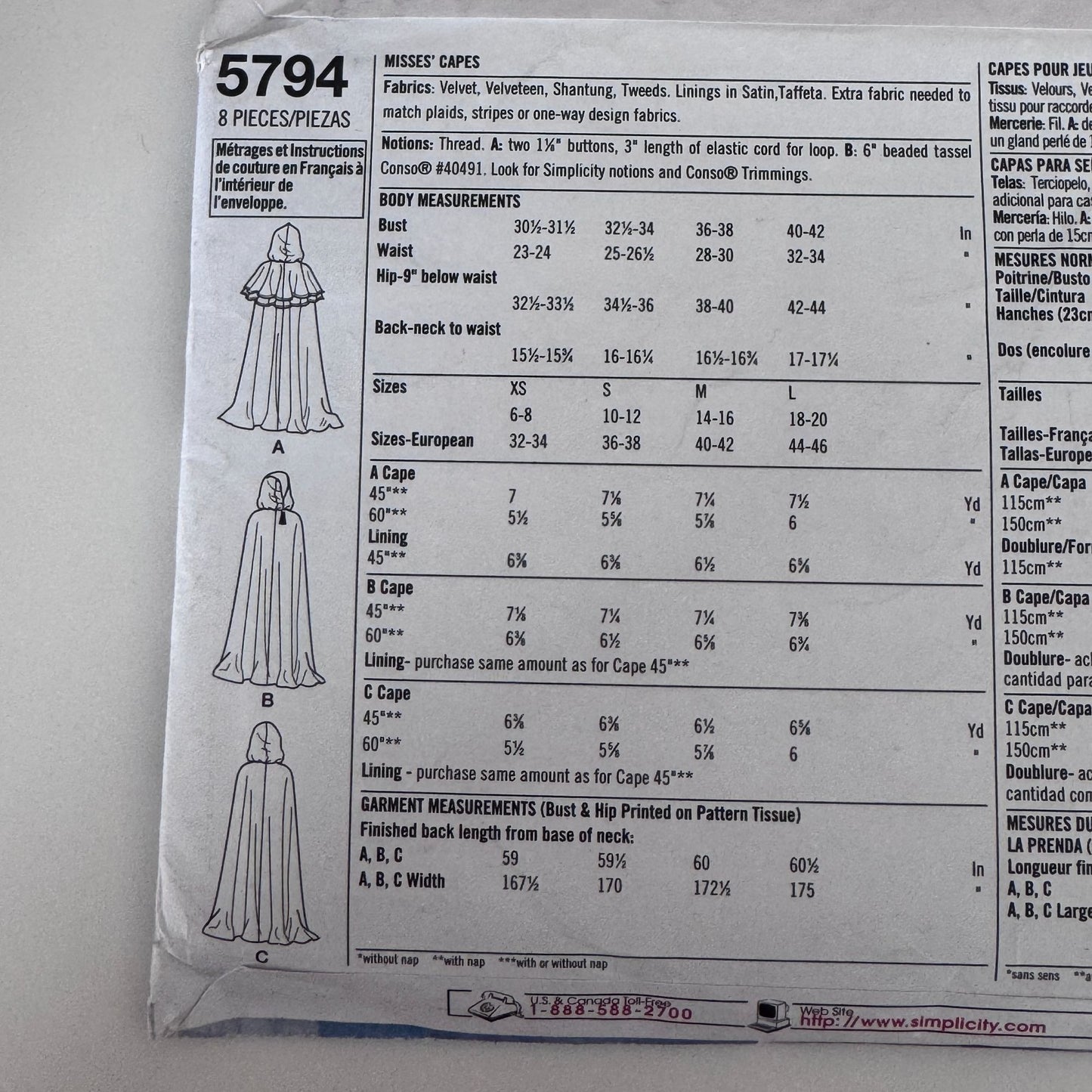 Simplicity Sewing Pattern 5794 Misses Costume Cape Cloak Fantasy Hooded 6-20 Uncut Halloween