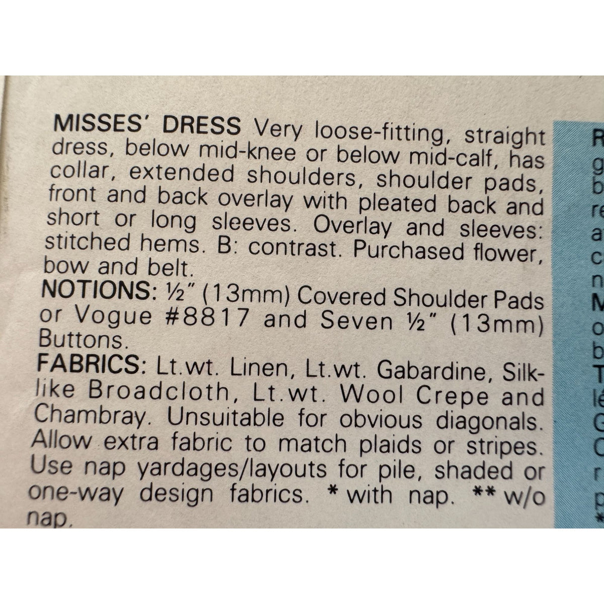 Very Easy Very Vogue Sewing Pattern 9371 Straight Dress Below Mid-Knee UC 6 8 10