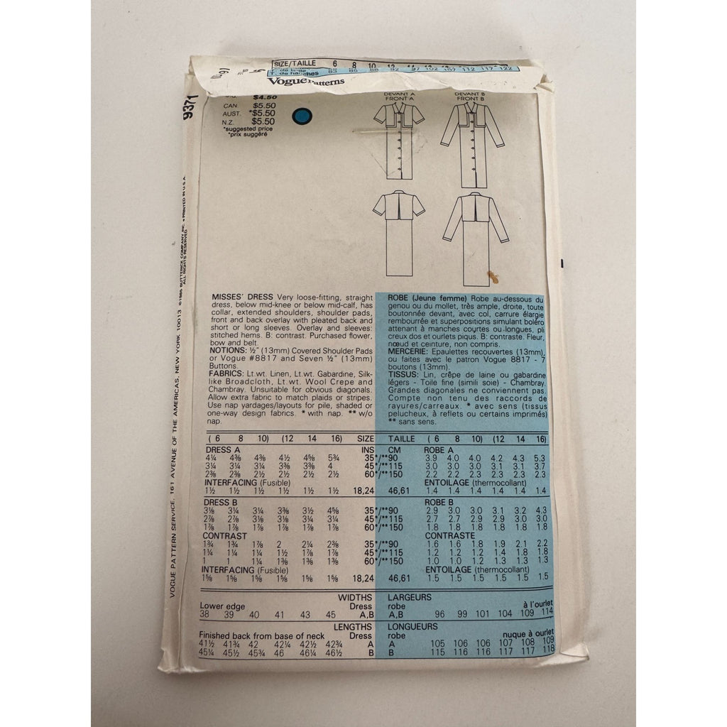 Very Easy Very Vogue Sewing Pattern 9371 Straight Dress Below Mid-Knee UC 6 8 10