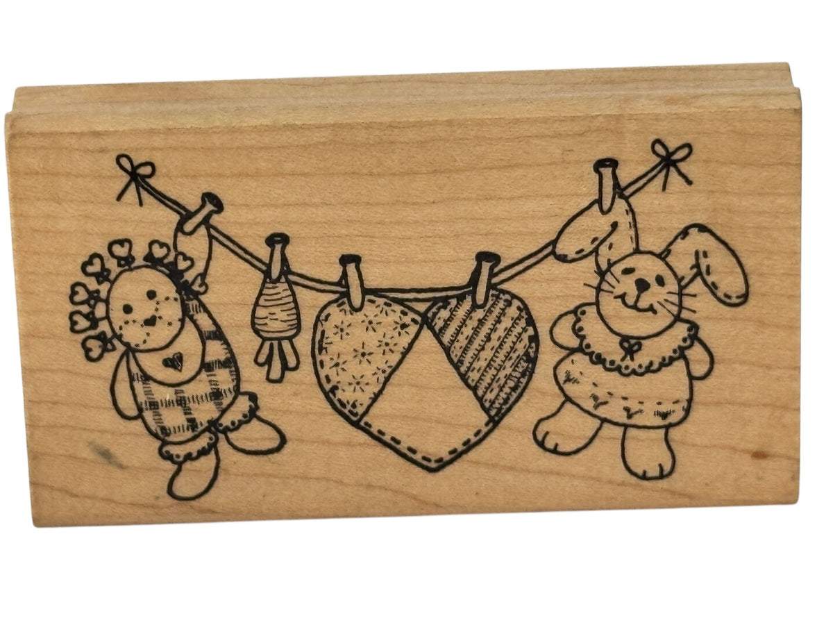 Azadi Earles Rubber Stamp Clothes Line Stuffed Animals Doll Heart Card Making