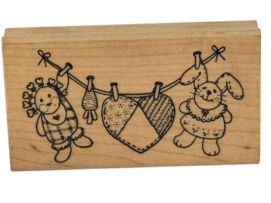 Azadi Earles Rubber Stamp Clothes Line Stuffed Animals Doll Heart Card Making