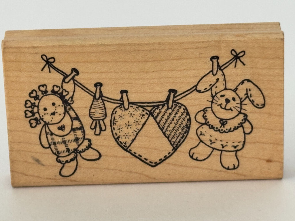 Azadi Earles Rubber Stamp Clothes Line Stuffed Animals Doll Heart Card Making